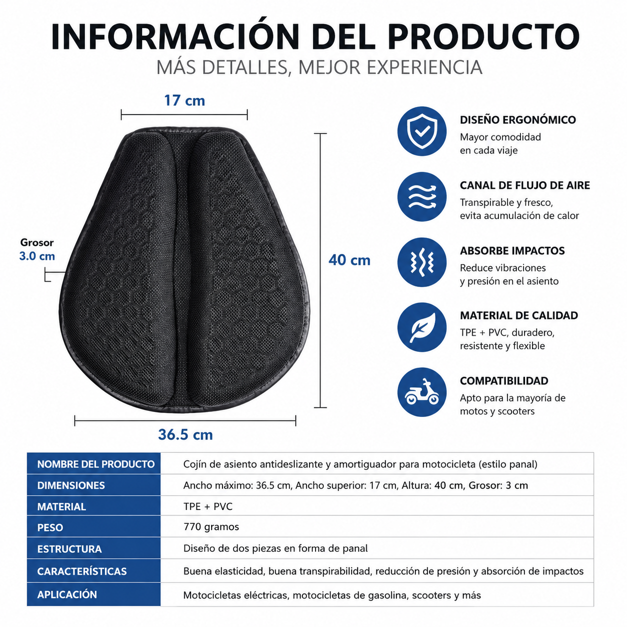 Cojín Gel Touring para Moto | Asiento Cómodo y Transpirable - Imagen 2