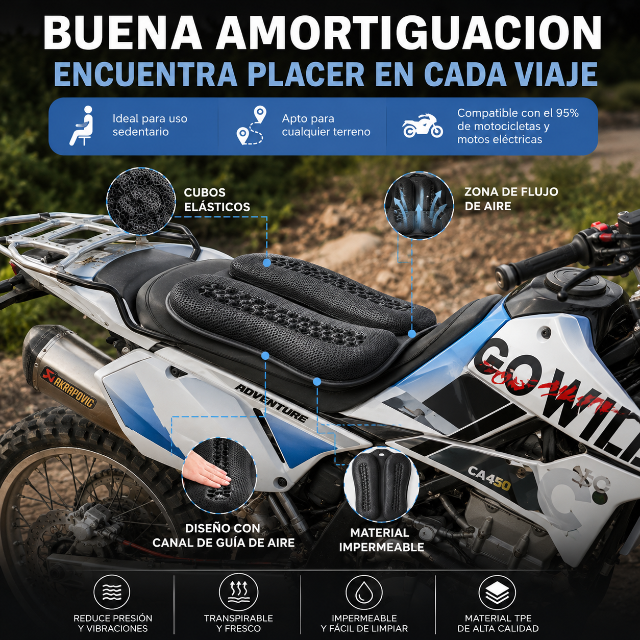 Cojín Gel Touring para Moto | Asiento Cómodo y Transpirable - Imagen 3